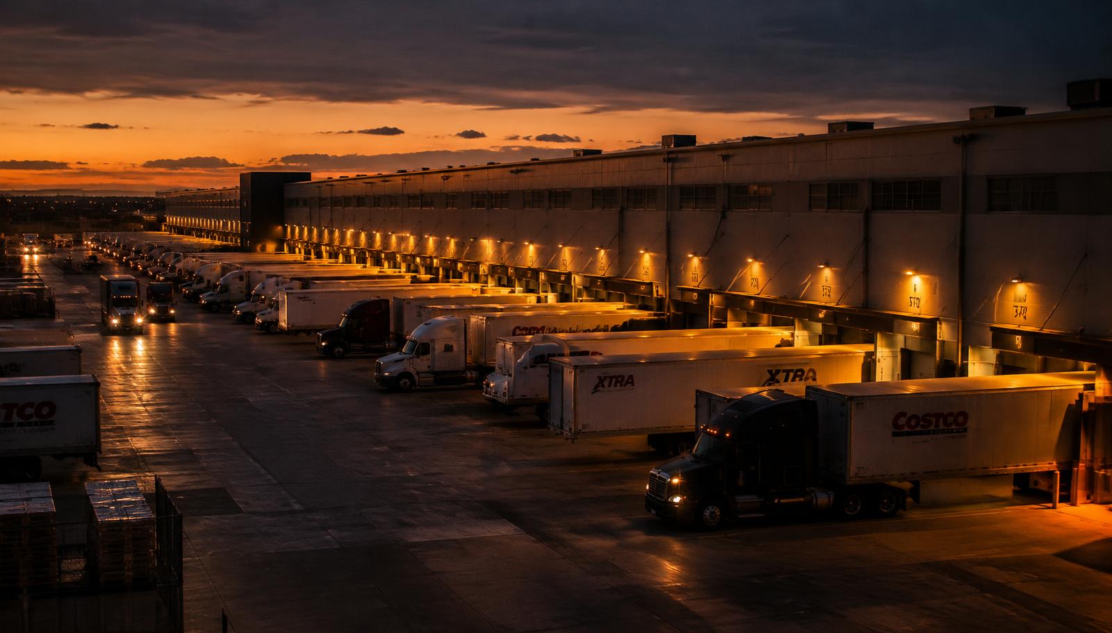 Semi trucks at the loading docks of a freight distribution hub at dusk